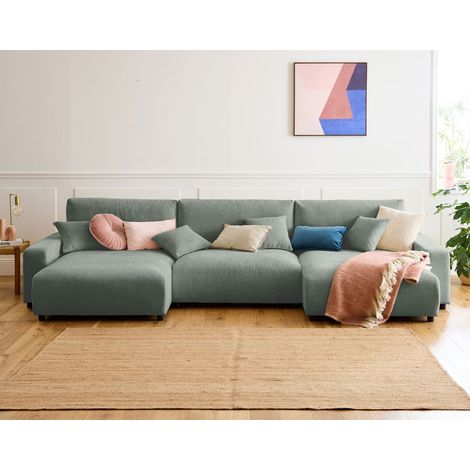 Pivoine - 7-sitzer wohnlandschaft u-form - schlaffunktion und bettkasten - aus strukturiertem samt - grün