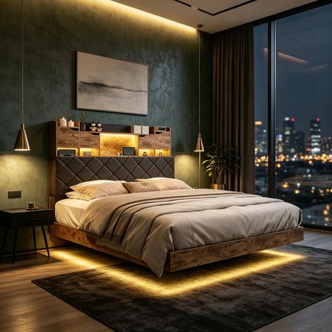 Lit Flottant 140 x 200 avec LED RGB, Cadre de Lit Double, Tête de Lit Rembourrée avec Rangement et Ports USB et Type-C, Marron Noir (1/5)