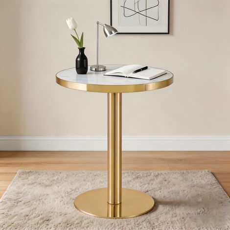 Table d'appoint ronde design, piètement acier inox doré, plateau marbre effet UV, table basse luxueuse pour salon, assise stable et élégante (1/5)