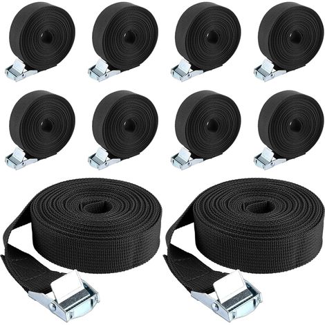 Cinghie di ancoraggio regolabili da 5 m, confezione da 10, larghe 25 mm, con fibbia di serraggio, cinghia di fissaggio per portabici, fino a 600 libbre per auto, bici, moto, bagagli, campeggio (1/5)