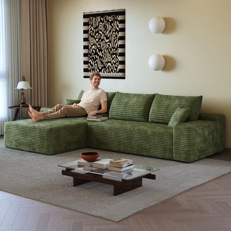 Canapé d’angle modulaire compressible 270 cm vert avec chaise longue L, assise profonde, sans assemblage pour appartement (1/5)