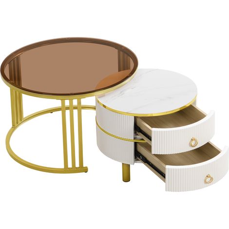Table Basse Ronde en MDF Contemporaine, Plateau Supérieur en Verre Trempé, Tiroirs Pratiques pour Rangement, Ensemble Combinable pour Intérieur Moderne (1/5)