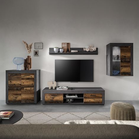 Ensemble de 4 meubles de salon gris décor en bois brun - JAMO