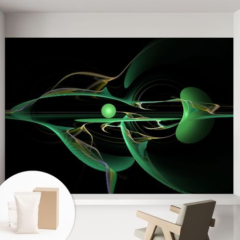 Papier peint intissé décoratif pour chambre et salon Design moderne à poser facilement - Colle incluse gratuite Vagues vertes 152x104 cm (1/5)