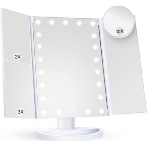 Miroir de maquillage avec éclairage, grossissement 2X, 3X, 10X, commande tactile, pliable, blanc, style moderne, montage sur commode, salle de bain (1/4)