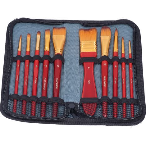 11 Pinceaux en Nylon Importés pour Peinture Acrylique - Absorption d'Eau, Trait Lisse - Set de 11 Pièces (Rouge) (1/5)