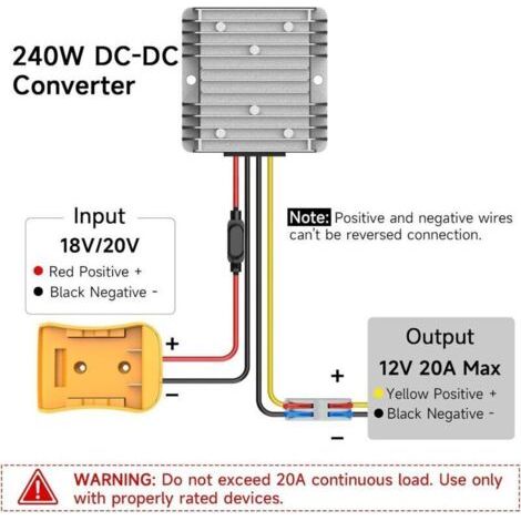 Convertisseur de tension abaisseur 20 V à 12 V - Compatible avec la batterie DeWalt 20 V, l'adaptateur de batterie Power Wheel, le régulateur de tension abaisseur 12 V CC avec fusible 30 A et borne.