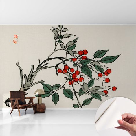 Papier peint adhésif avec colle pour décoration moderne de salon chambre à coucher cuisine et bureau Facile Une branche de baies 416x254 cm (1/5)