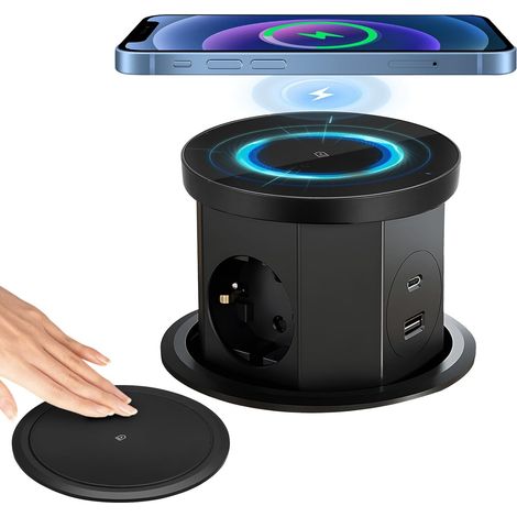 Bloc Prise Encastrable Plan de Travail Multiprise Encastrable, Prise de Table Escamotable 3 Prises avec 1 USB C 1 USB A - Prise de Table Rétractable - avec Chargeur sans Fil (Noir) (1/5)