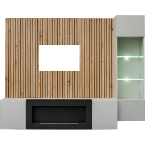 Ensemble meuble TV Xari L-K avec cheminée bioéthanol et vitrine LED - Bois MDF gris perle et chêne artisan - 200 x 158 x 40 cm - Livraison gratuite (1/5)