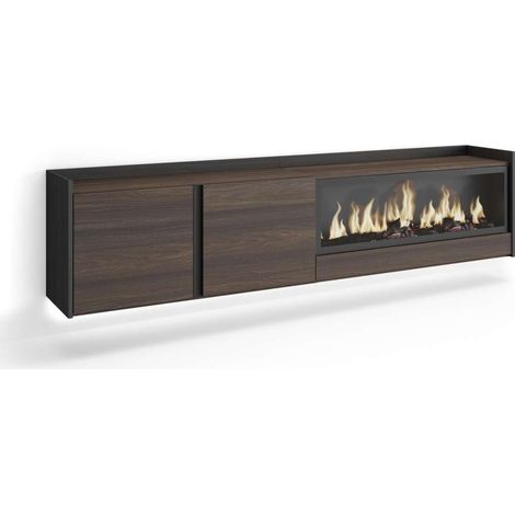 Mueble TV Pujerra-01 de 212x50x35 cm con chimenea eléctrica y luces LED, suspendido, color roble oscuro y negro (1/4)