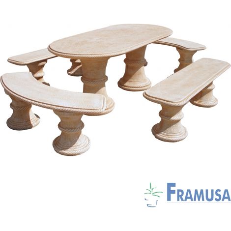 CONJUNTO COMEDOR PIEDRA OVALADO JARDIN SAUCE NATURAL OCRE