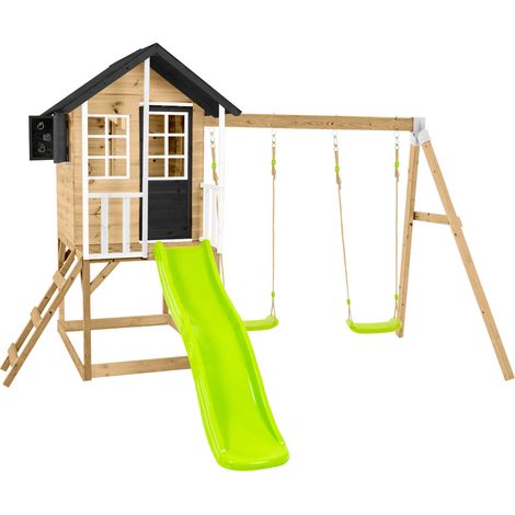Zwerkules Holzspielhaus / Stelzenhaus "Holli 3", natur / grau, mit Rutsche und Doppelschaukel