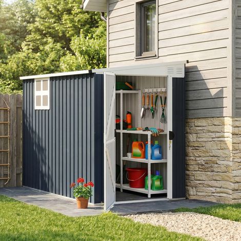 Abri de jardin, abri pour outils de jardin, fenêtres, aérations, verrouillable, acier, gris foncé (1/5)