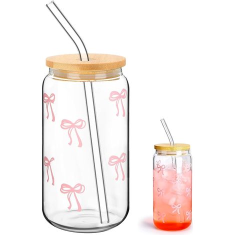 Gobelet verre 500 ml, couvercle + paille, nœud rose, bubble tea/café glacé/cocktail/soda, réutilisable. (1/5)