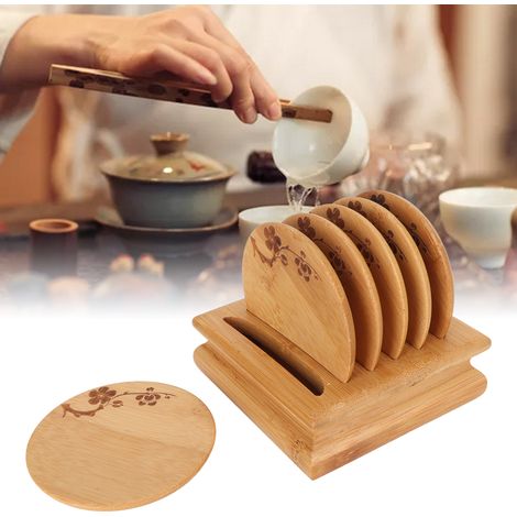 Retro-Untersetzer-Set mit Pflaumenblütenmuster, rutschfeste und isolierende Untersetzer, Teetablett, Zubehör für Kung-Fu-Teeservice, Bambus-Untersetzer. (1/5)