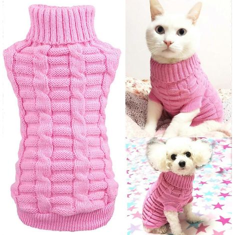 Pull à col roulé en maille tressée pour chiens et chats (rose, L) (1/4)