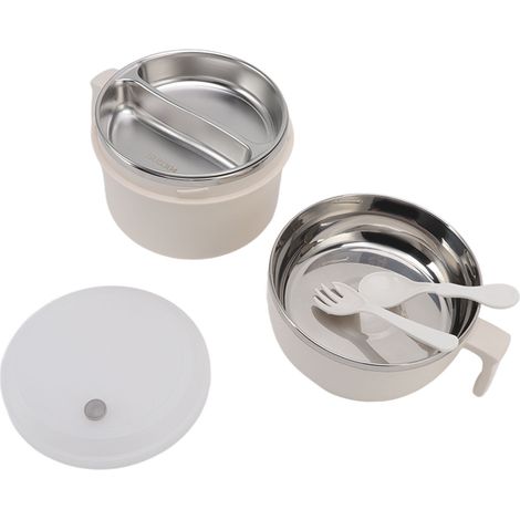Edelstahlschüssel für Nudeln, doppelwandige Lunchbox, Ramen-Set mit Deckel, Griff, Gabel und Löffel, für Büroangestellte und Studenten, beige (1/5)