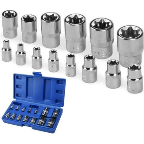 Satz von 14 Sechskant-Steckschlüsseln von E4 bis E24, mit 1/4", 1/2" und 3/8" Antrieb, aus Chrom-Vanadium-Stahl.