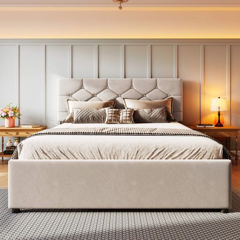 Lit rembourré 140x200 cm avec sommier à lattes inclus, lit gigogne 90x190 cm escamotable, velours beige, tête de lit capitonnée, sans matelas (1/5)