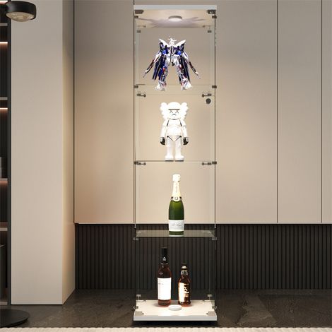 Vitrine en verre LED 4 étagères, 16.73x14.37x64.56in, étagère en verre avec portes sur pied, blanc (1/5)