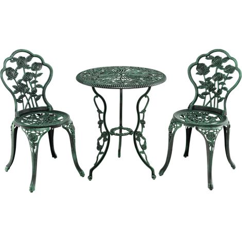 Set 3 pezzi esterno ghisa alluminio tavolo foro ombrellone 2 sedie giardino verde scuro (1/4)