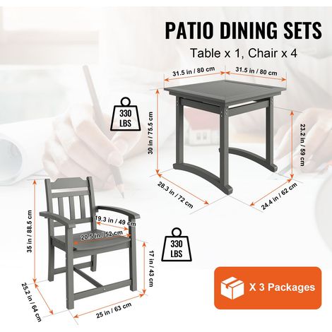 Ensemble repas jardin 5 pcs, table carrée et chaises extérieur, mobilier terrasse tout temps HIPS, coin détente petit balcon, pelouse, deck, arrière-cour, bord piscine, gris clair (1/5)