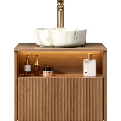 CHICFURN Mueble de lavabo suspendido 60 cm blanco y roble marrón, LED, premontado (1/5)
