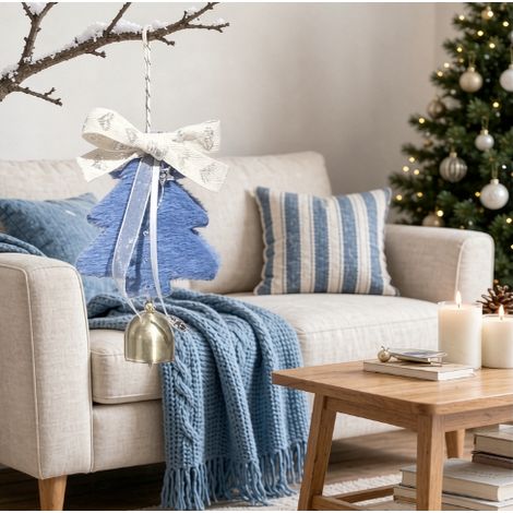 Pendentif arbre de Noël bleu en peluche avec rubans satinés et clochette dorée (1/4)