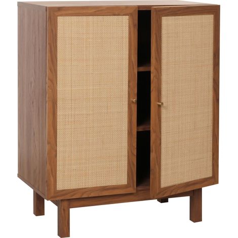 Highboard HHG-394, Kommode Schrank Sideboard, Staufächer, Kubu Rattan 98x79x42cm Walnuss-Optik