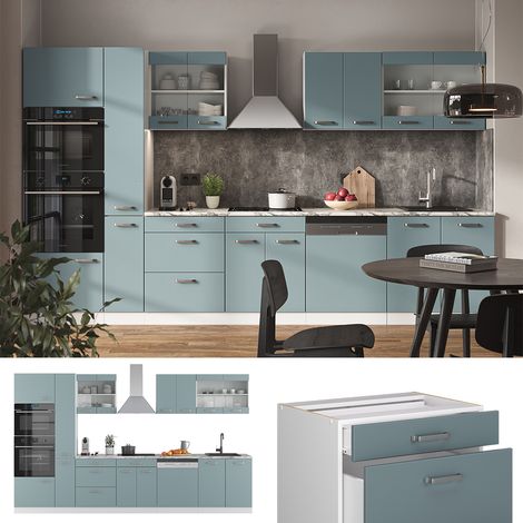 Cuisine R-Line, Bleu-gris/blanc, 350 cm avec armoire haute, PT Marbre, Vicco