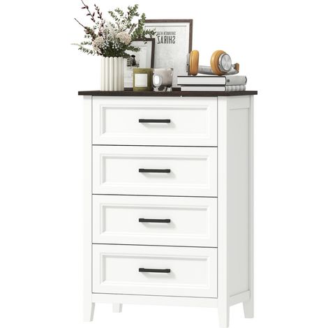 Terio Commode étroite haute 4 tiroirs plateau effet bois blanc (1/5)
