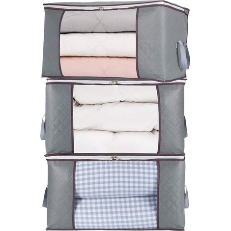 Sacchi portaoggetti extra large con cerniera, confezione da 3, con finestra trasparente e manici, ideali per piumoni, cuscini, trapunte, biancheria da letto e vestiti (grigio, 60x40x35 cm). (1/5)