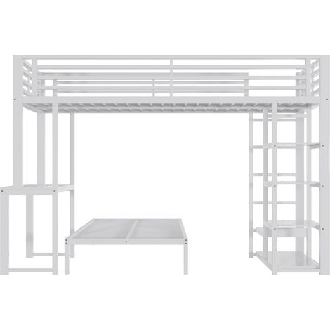 Letto a soppalco 90 x 200 cm in metallo e MDF bianco con scrivania, mensole e vano porta abiti (1/5)