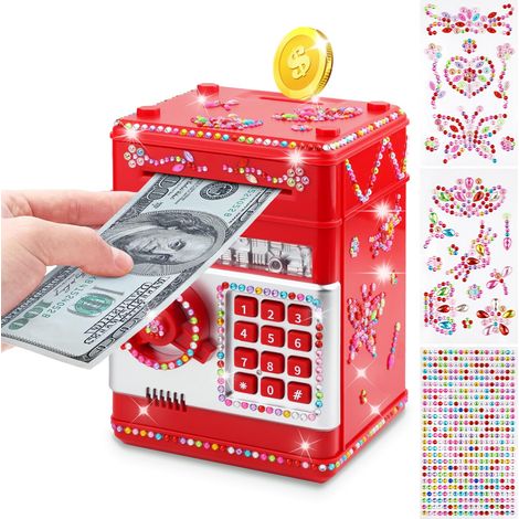 Tirelire électronique avec verrouillage à code et autocollants personnalisables, rangement sécurisé pour pièces et billets pour enfants (filles et garçons), rouge. (1/5)