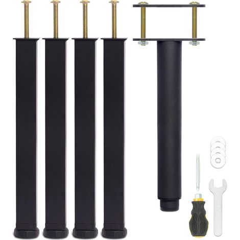30 cm Bed Foot with Screws, Universal Slatted Base, Height Adjustable, Metal, Square + Round, M8 Bolts, for the Metal Frame of an Adult Bed Base, Black, Pack of 5 (4 Side + 1 Central) (1/5)