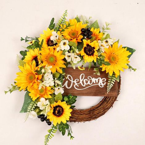 Plaque décorative en bois tournesol 40cm - Couronne de porte dorée automne abeille fête, panneau mural mural rustique, décoration saisonnière (1/5)