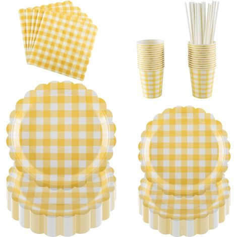 Lot de 25 assiettes de fête, gobelets et serviettes, comprend des assiettes en carton festonnées à carreaux jaunes (17,8 et 22,9 cm), parfaits pour les fêtes, les événements et les célébrations (1/5)