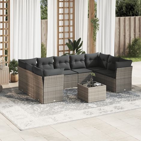 Ensemble Salon Jardin 10 Pièces Gris Résine Tressée, Table Verre Trempé, Coussins Lavables, Modulaire, L:62cm (1/3)