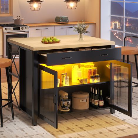 Îlot de cuisine extensible avec LED intégrée, table à manger, table de bar, placard, meuble de cuisine moderne avec 2 tiroirs et Pieds réglables – buffet de rangement Usage salon/salle à manger (1/5)