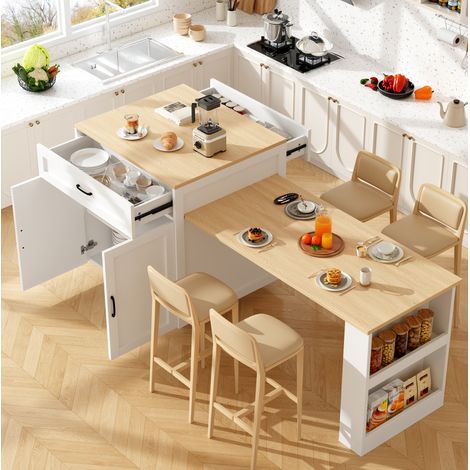Carrello da cucina bianco con tavolo da pranzo estraibile, 2 cassetti, 2 scomparti, ripiani laterali, piano in legno, maniglie nere (1/5)