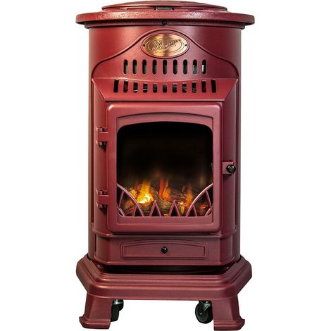 Poêle à gaz fonte véritable 3.4 kW – Chauffage d'appoint mobile – 2 niveaux de chauffe – Autonomie jusqu'à 93h – Couleur rouge – Tagu