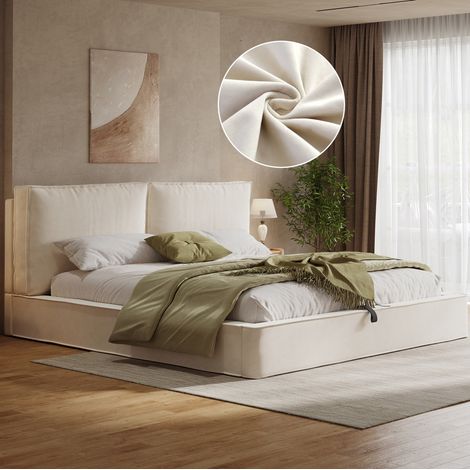 Cama doble moderna 180x200 cm de terciopelo beige con cabecero acolchado, somier de láminas y arcón hidráulico (1/5)