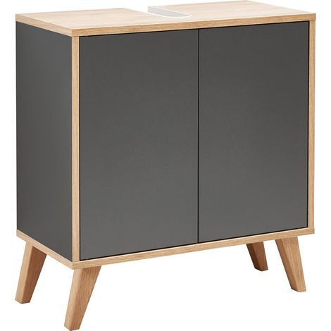 FACKELMANN FINN Badmöbel Set 2 Teile / Waschbeckenunterschrank mit Push-to-Open / 4 Holzfüße / Badschrank mit 2 Türen / Korpus & Front: Schwarz / Rahmendekor & Füße: Braun hell / Breite: 60 cm"-"06212