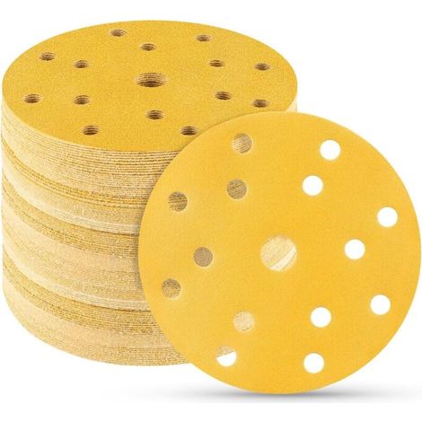 Packung mit 100 Stück 150-mm-Klett-Schleifscheiben (Körnung 120, 15 Löcher) für Exzenterschleifer, geeignet für Holz, Metall und Lack