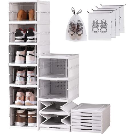 Boite a Chaussure Transparente Rangement Chaussures Pliable Solide Etagere Chaussure Pour Pointure EU 45 Casier Organisateur Chaussures Folding Shoe Boxes 6pcs avec Couvercles Blanche (1/5)