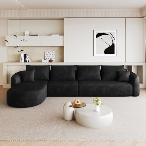 Canapé d’angle fixe 4 places 336x168 cm, canapé sans montage avec méridienne gauche, mousse, tissu chenille noir (1/5)