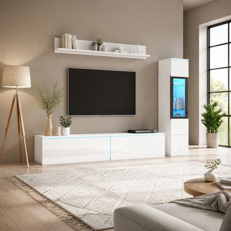 Meuble TV 3 pièces LED RGB blanc 180 cm avec vitrine et étagère murale DESVIAE (1/5)