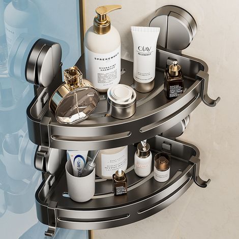 Etagere Douche Angle Ventouse, Etagere Angle Salle De Bain sans Percage avec Porte Serviettes et Crochets Rangement et Organisation de La Salle de Bain Support Gel Douche(2 PièCes, Gris) (1/4)