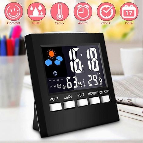 Thermomètre, hygromètre, station météo, horloge, réveil et calendrier numériques multifonctions à LED. (1/4)